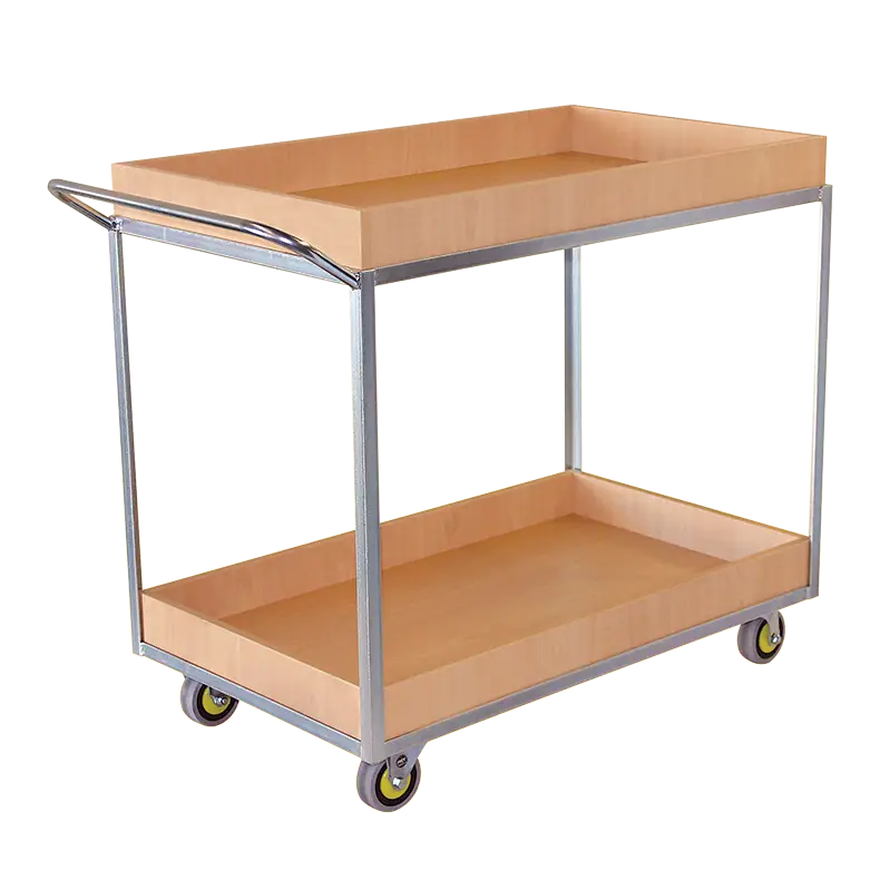 Ergonomic two-tier table trolley, model TT112, featuring a zinc-plated finish and heavy-duty swivel castors.