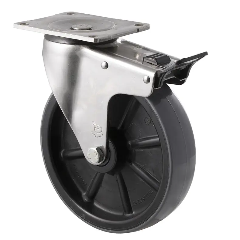 HUS200-OSPTB 200mm Stainless Steel Swivel Plate Castor with Brake, 400kg polyurethane wheel.