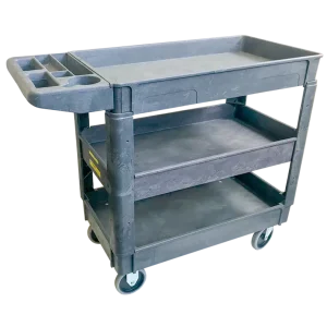 UC253L Heavy-Duty Plastic Utility Cart with 3 shelves and ergonomic push handle, rated for 227kg capacity.