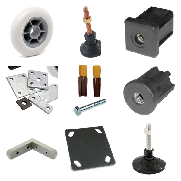 Merton castor fittings and accessories: rotary and corner buffers, Adjustafoot levelling feet, threaded tube ends, expanding plugs, castor mounting plates and steel plates